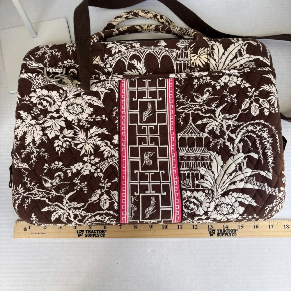 Vera Bradley Java Blue‎ Quilted Laptop Messenger Bag Brown Floral Pagoda Case